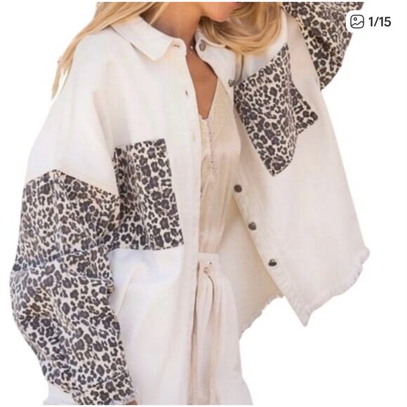 POL from Anthropologie White and Leopard Denim Oversized Jean Jacket in Size L - Picture 1 of 7
